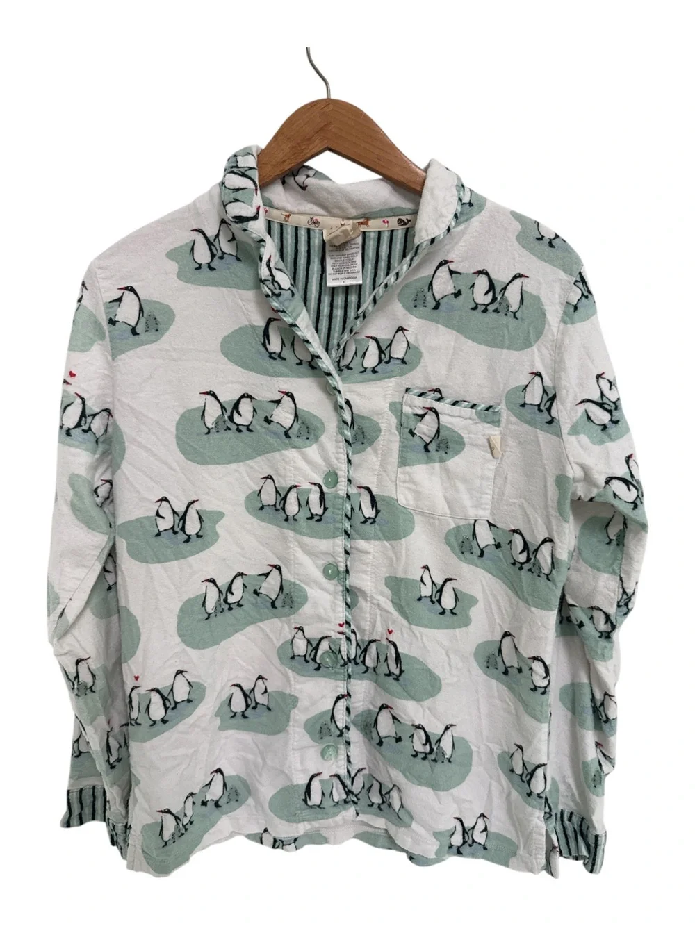 Munki Munki  Flannel Pajama White Blue Penguin Button Up Long Sleeve